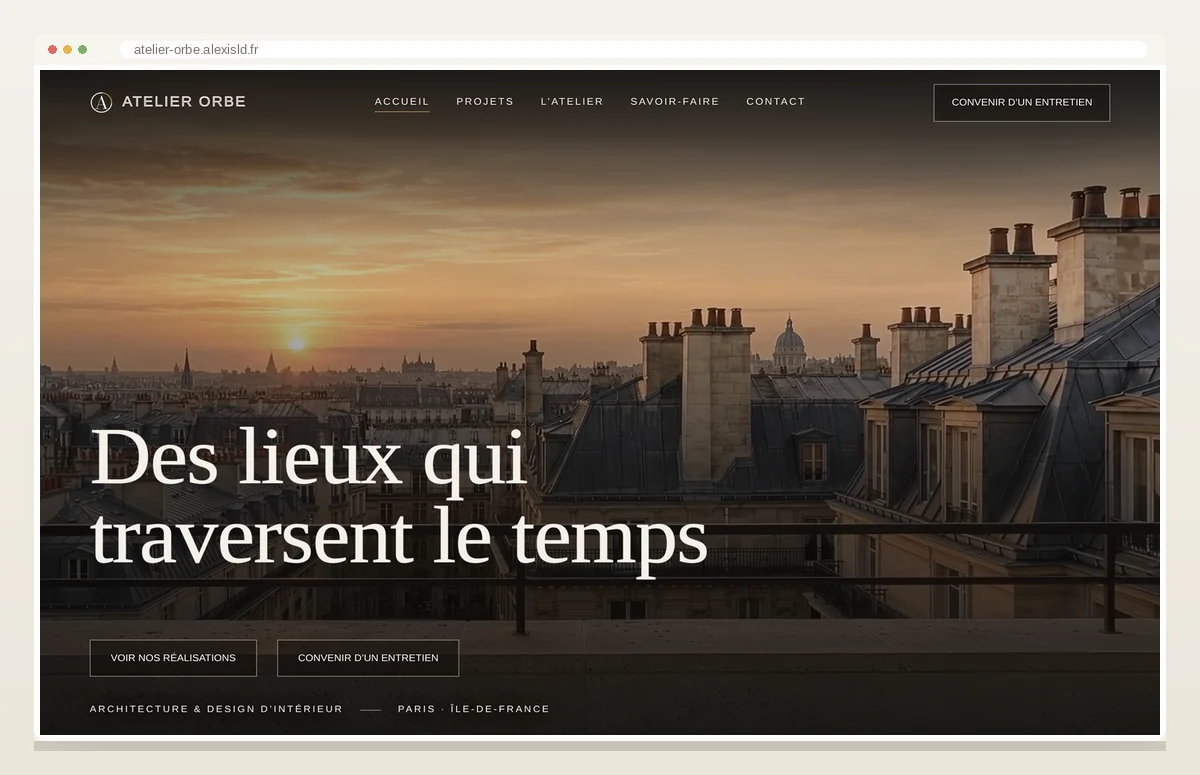 Atelier Orbe — La page d’accueil : vidéo plein écran, titre au filet de laiton.