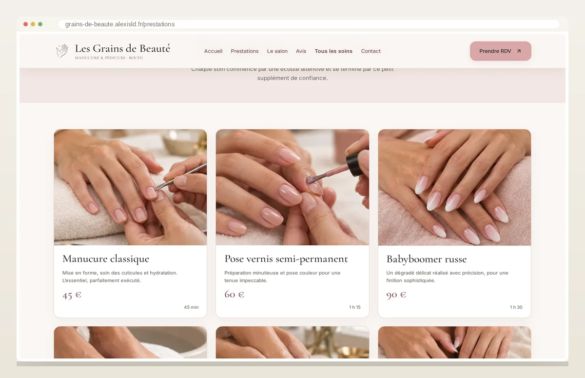 Les Grains de Beauté — Les prestations, détaillées et tarifées.
