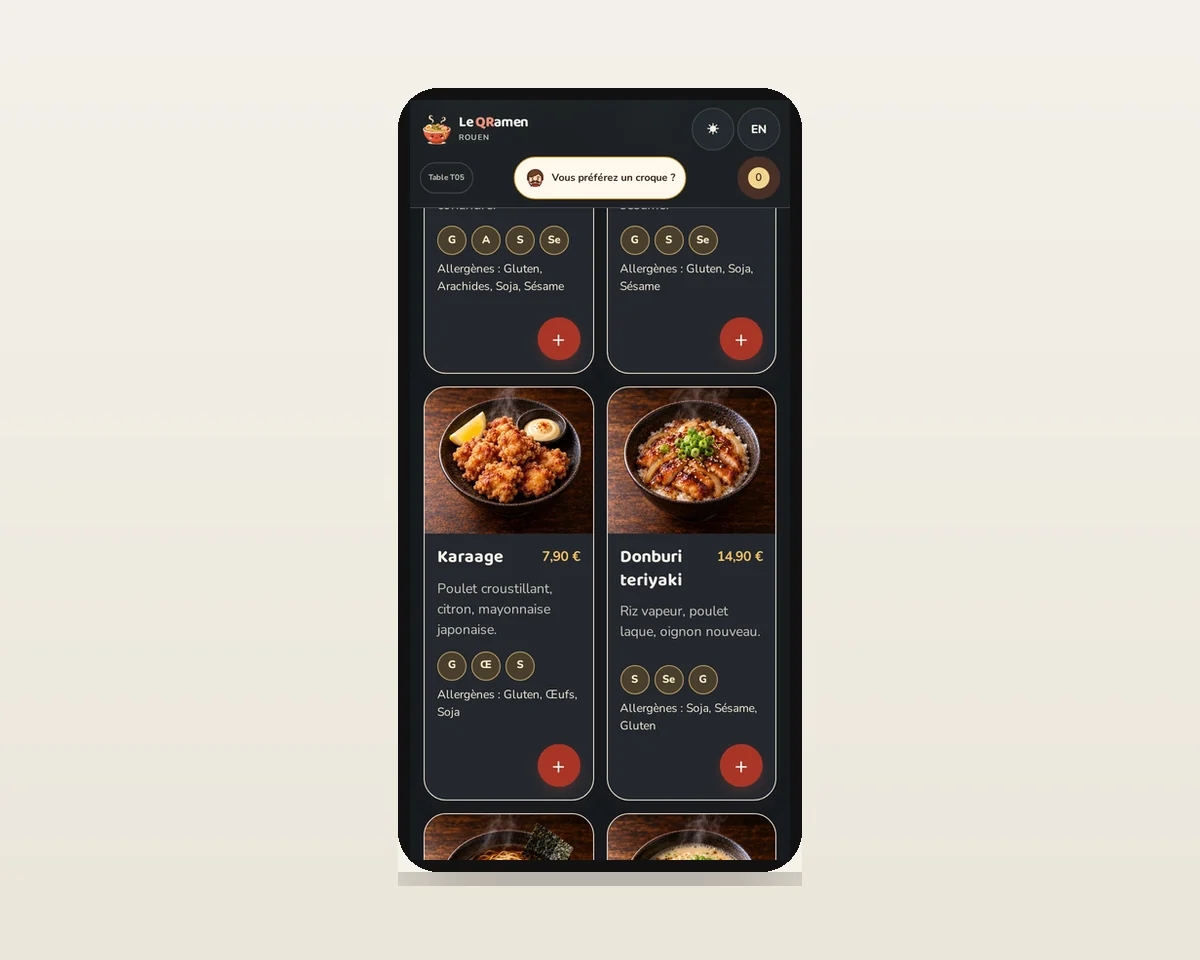 Le QRamen — Les plats, les prix, la commande en deux gestes.